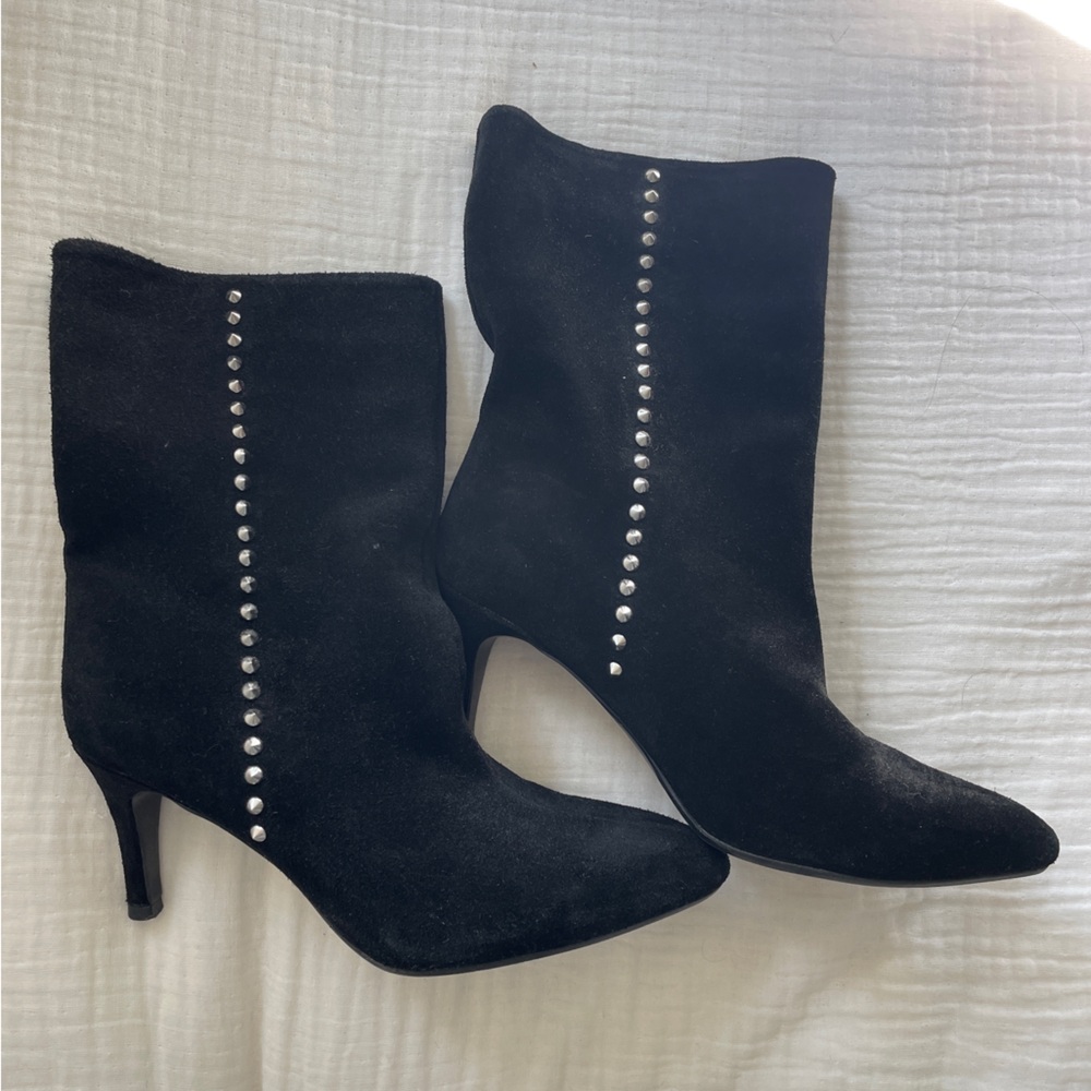 Zara Black Suede Studded Heeled Booties – Size EU 38
